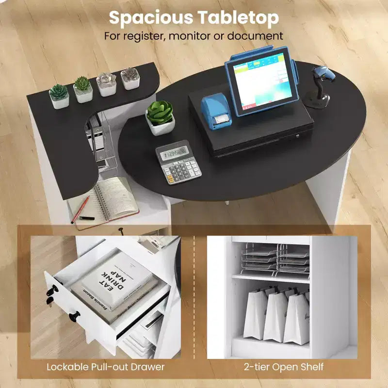Costway Reception Desk with Lockable Drawer & Adjustable Shelf Oval Tabletop for Store White/Black