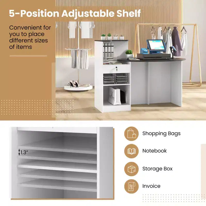 Costway Reception Desk with Lockable Drawer & Adjustable Shelf Oval Tabletop for Store White/Black