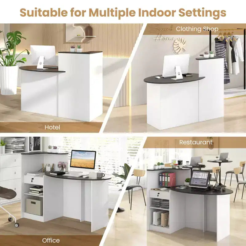 Costway Reception Desk with Lockable Drawer & Adjustable Shelf Oval Tabletop for Store White/Black