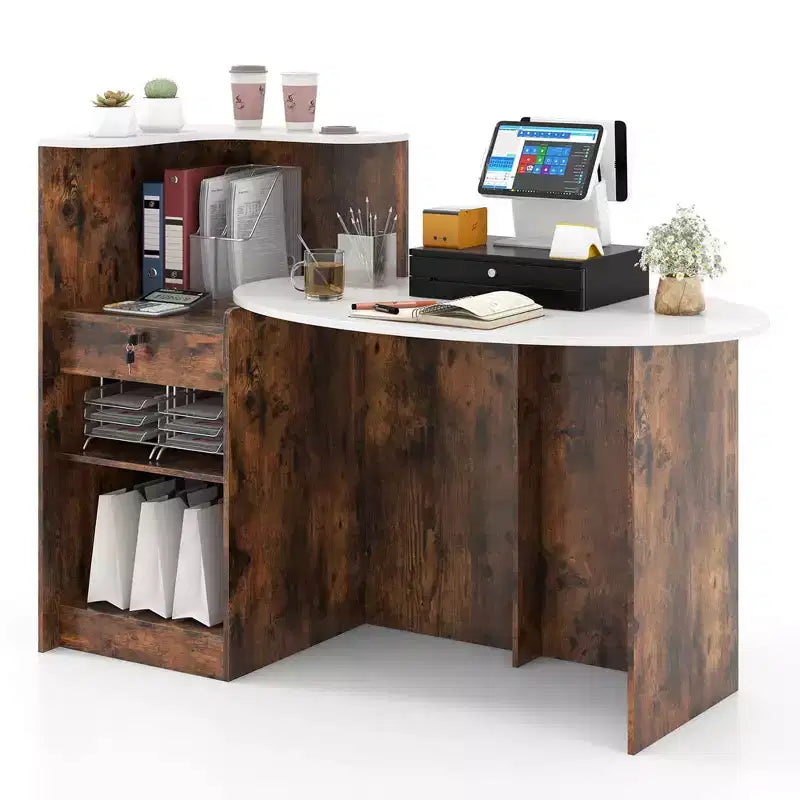 Costway Reception Desk with Lockable Drawer & Adjustable Shelf Oval Tabletop for Store White/Black