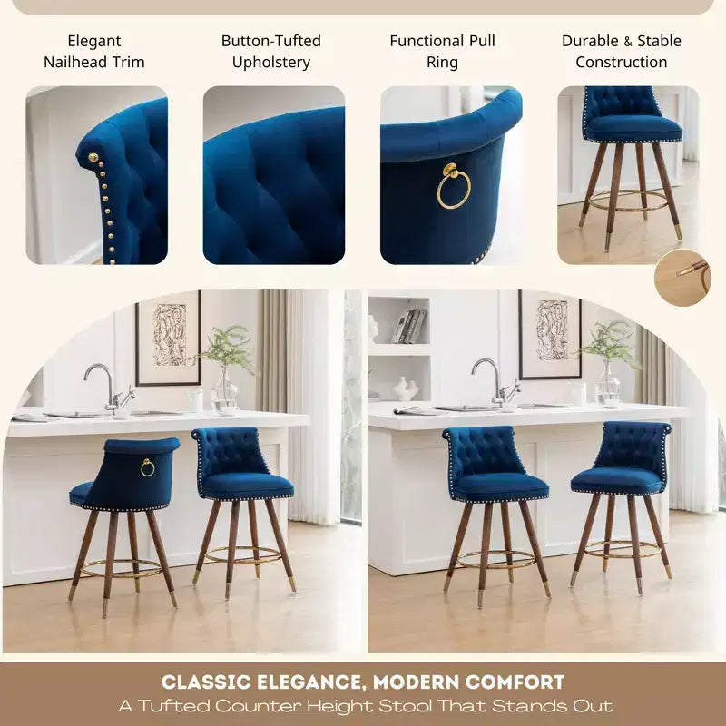 Roundhill Furniture Elvara Set of 2 Button-Tufted Counter Stools with Nailhead Trim