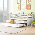 Whisen Twin XL Wood Daybed with 2 Trundles, 3 Storage Cubbies, 1 Light for Free and USB Charging Design