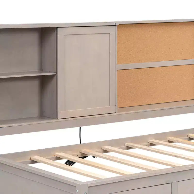 Whisen Twin Size Lounge Daybed with Storage Shelves, Cork Board, USB Ports and 3 Drawers