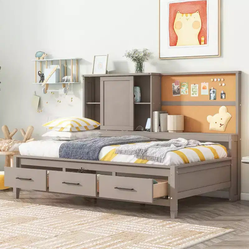 Whisen Twin Size Lounge Daybed with Storage Shelves, Cork Board, USB Ports and 3 Drawers