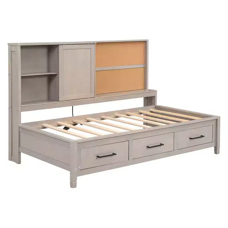 Whisen Twin Size Lounge Daybed with Storage Shelves, Cork Board, USB Ports and 3 Drawers