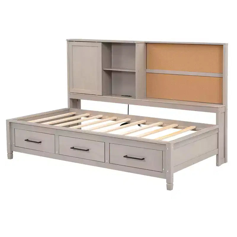Whisen Twin Size Lounge Daybed with Storage Shelves, Cork Board, USB Ports and 3 Drawers