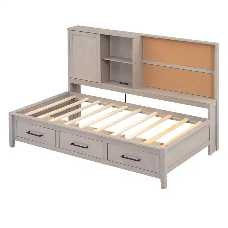 Whisen Twin Size Lounge Daybed with Storage Shelves, Cork Board, USB Ports and 3 Drawers