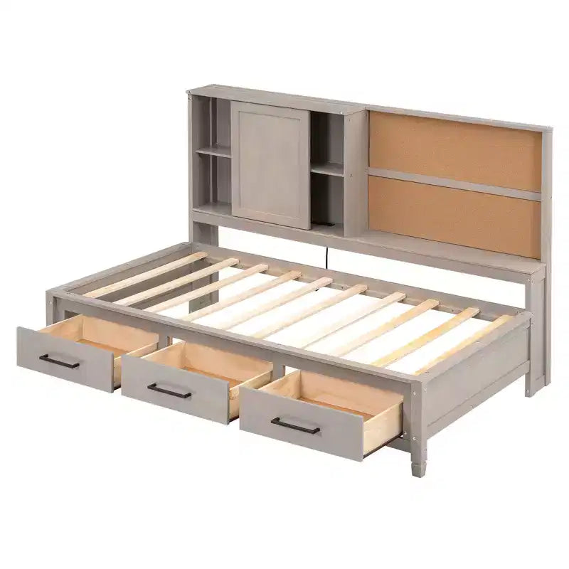 Whisen Twin Size Lounge Daybed with Storage Shelves, Cork Board, USB Ports and 3 Drawers