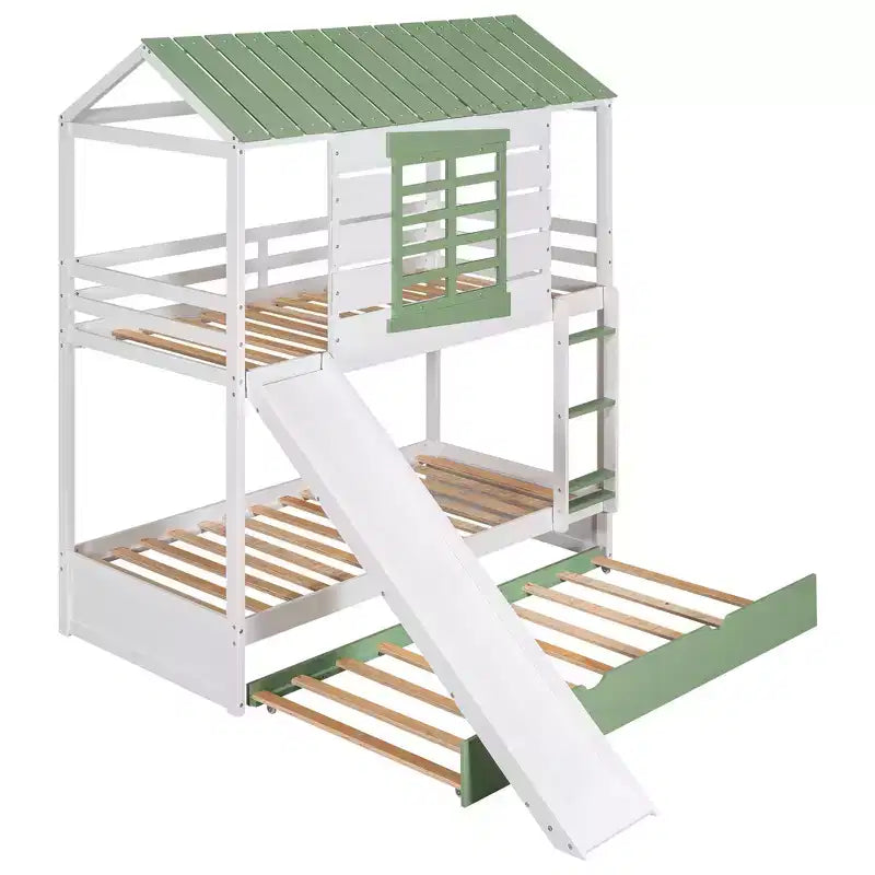 Whisen Twin over Twin Size House Bunk Bed with Convertible Slide and Trundle - White & Gree