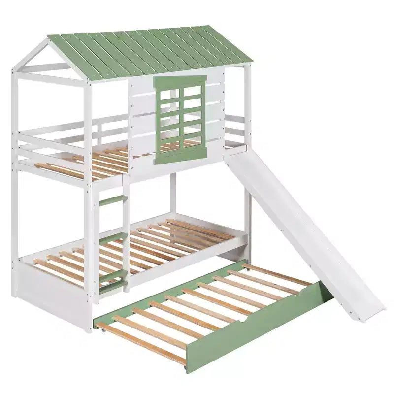Whisen Twin over Twin Size House Bunk Bed with Convertible Slide and Trundle - White & Gree