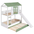 Whisen Twin over Twin Size House Bunk Bed with Convertible Slide and Trundle - White & Gree