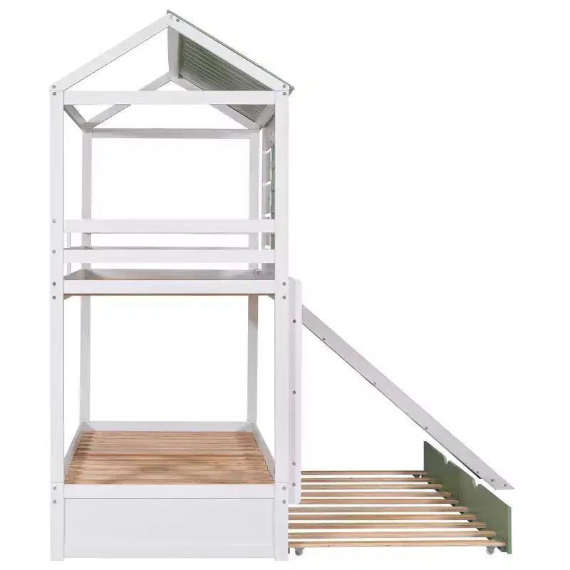 Whisen Twin over Twin Size House Bunk Bed with Convertible Slide and Trundle - White & Gree
