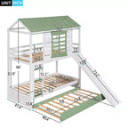 Whisen Twin over Twin Size House Bunk Bed with Convertible Slide and Trundle - White & Gree
