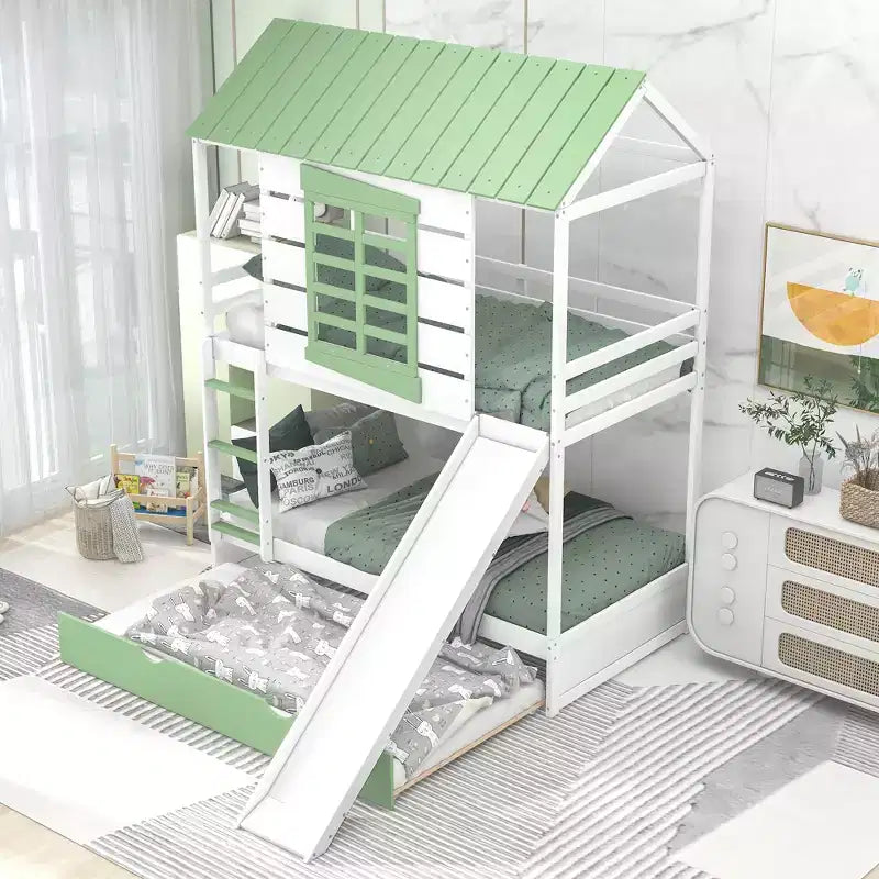 Whisen Twin over Twin Size House Bunk Bed with Convertible Slide and Trundle - White & Gree