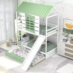 Whisen Twin over Twin Size House Bunk Bed with Convertible Slide and Trundle - White & Gree
