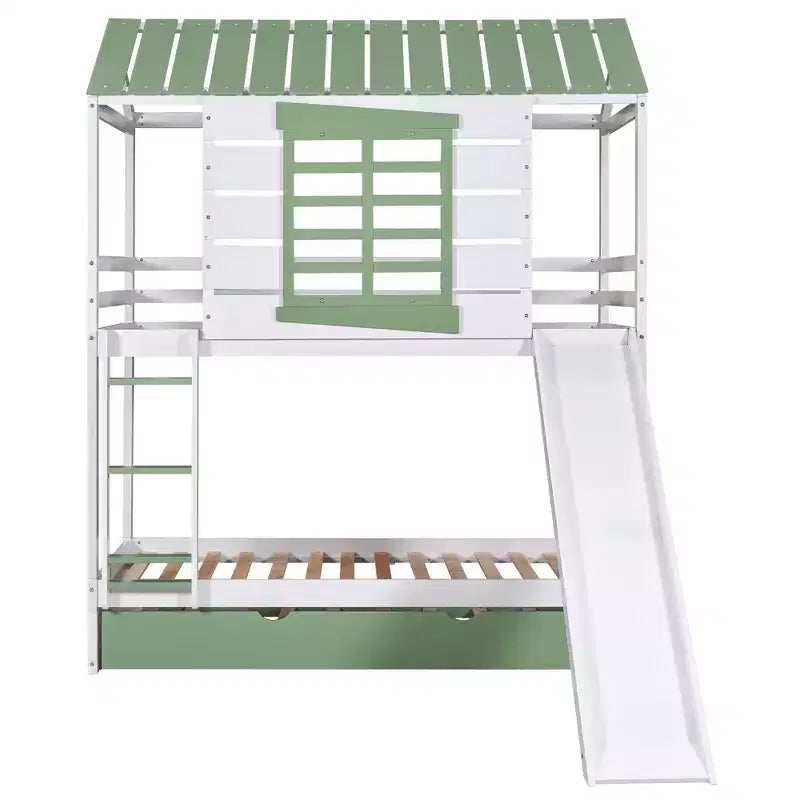 Whisen Twin over Twin Size House Bunk Bed with Convertible Slide and Trundle - White & Gree