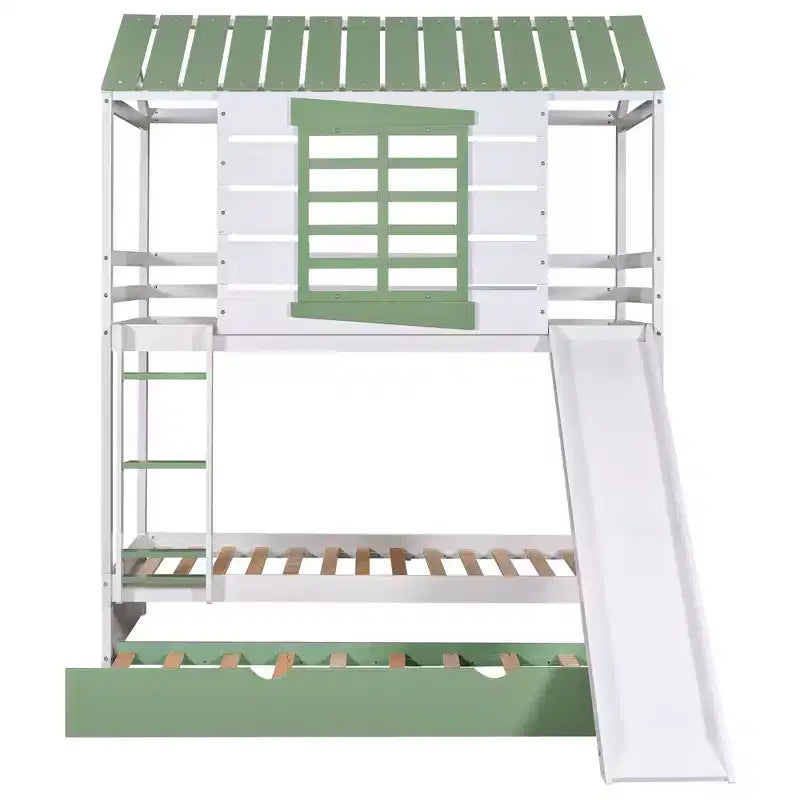 Whisen Twin over Twin Size House Bunk Bed with Convertible Slide and Trundle - White & Gree