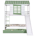 Whisen Twin over Twin Size House Bunk Bed with Convertible Slide and Trundle - White & Gree