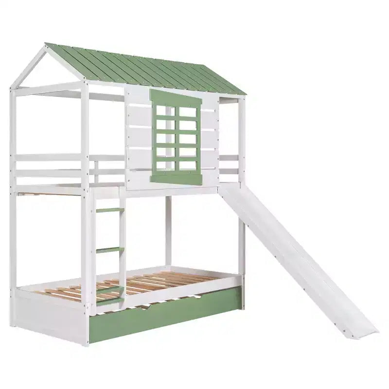 Whisen Twin over Twin Size House Bunk Bed with Convertible Slide and Trundle - White & Gree
