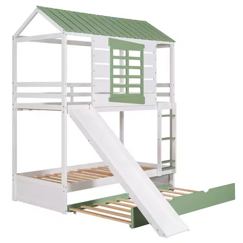 Whisen Twin over Twin Size House Bunk Bed with Convertible Slide and Trundle - White & Gree