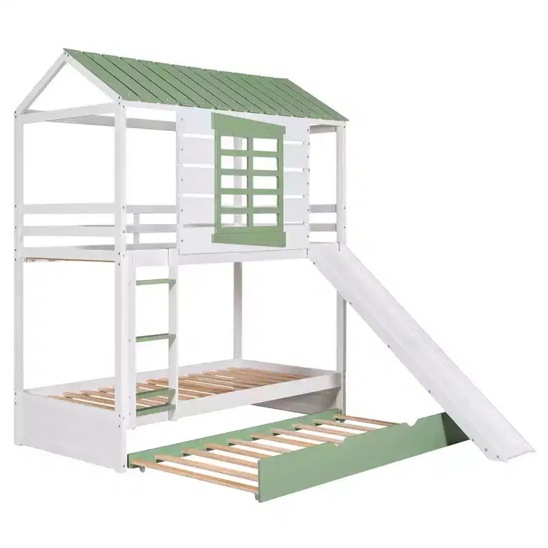 Whisen Twin over Twin Size House Bunk Bed with Convertible Slide and Trundle - White & Gree