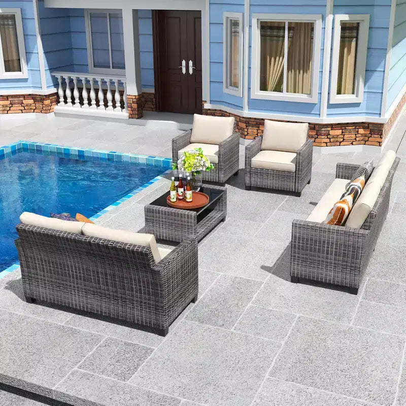 5-Piece Patio Wicker Conversation Sofa Set with Coffee Table,Rattan Sofa Chair with Cushion