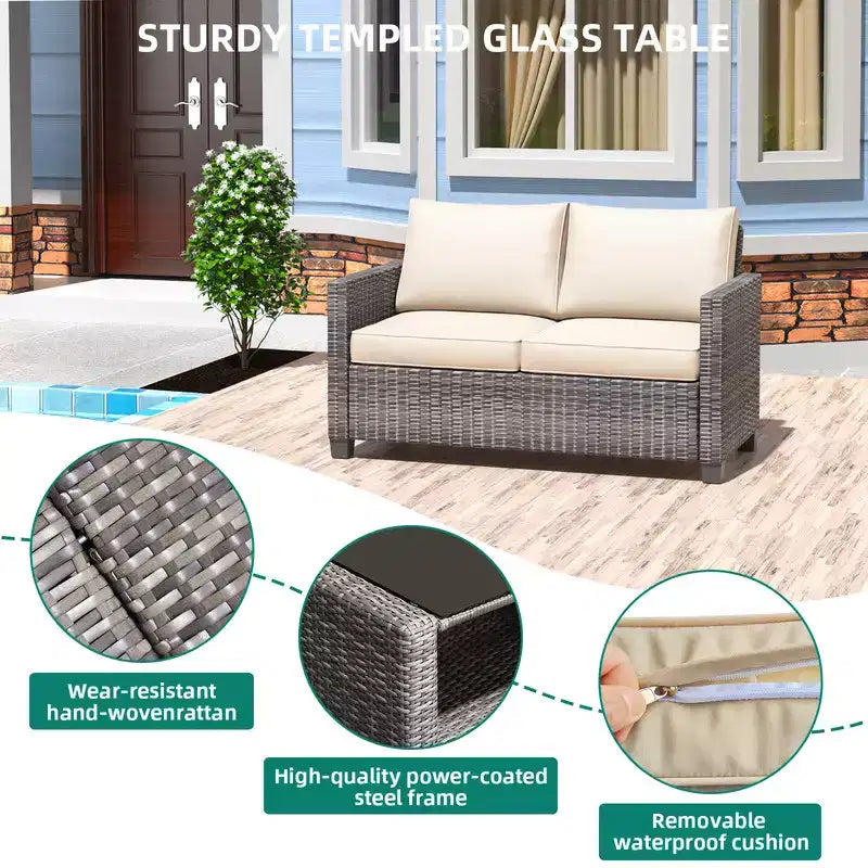 5-Piece Patio Wicker Conversation Sofa Set with Coffee Table,Rattan Sofa Chair with Cushion
