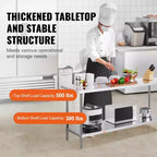 VEVOR Stainless Steel Prep Table, 24 x 72 x 34 Inch, 880 lbs Load Capacity, Heavy Duty Metal Worktable with 3 Adjustable Height Levels