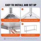 VEVOR Stainless Steel Prep Table, 24 x 72 x 34 Inch, 880 lbs Load Capacity, Heavy Duty Metal Worktable with 3 Adjustable Height Levels