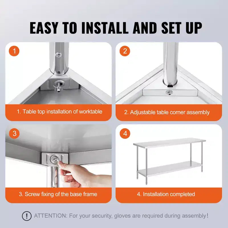 VEVOR Stainless Steel Prep Table, 24 x 72 x 34 Inch, 880 lbs Load Capacity, Heavy Duty Metal Worktable with 3 Adjustable Height Levels