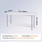 VEVOR Stainless Steel Prep Table, 24 x 72 x 34 Inch, 880 lbs Load Capacity, Heavy Duty Metal Worktable with 3 Adjustable Height Levels