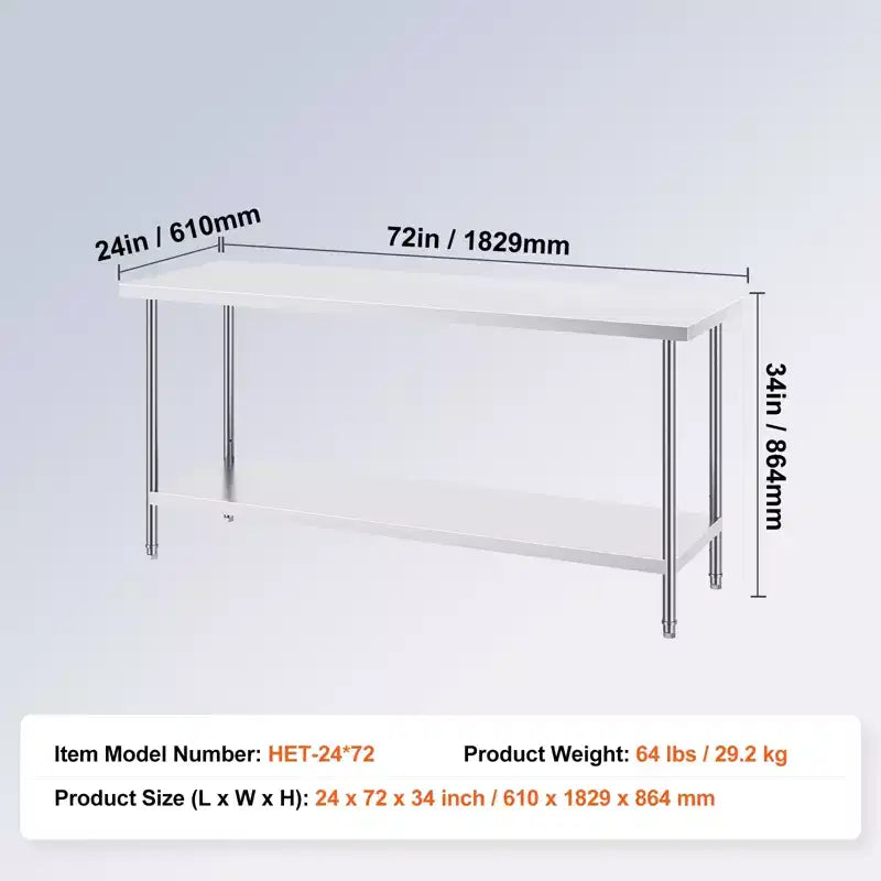 VEVOR Stainless Steel Prep Table, 24 x 72 x 34 Inch, 880 lbs Load Capacity, Heavy Duty Metal Worktable with 3 Adjustable Height Levels