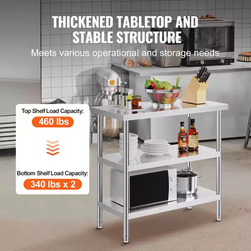 VEVOR Stainless Steel Food Prep Table, 18 x 36 x 34 Inch Commercial Kitchen Worktable, with 2 Adjustable Undershelf, Heavy Duty Prep Table