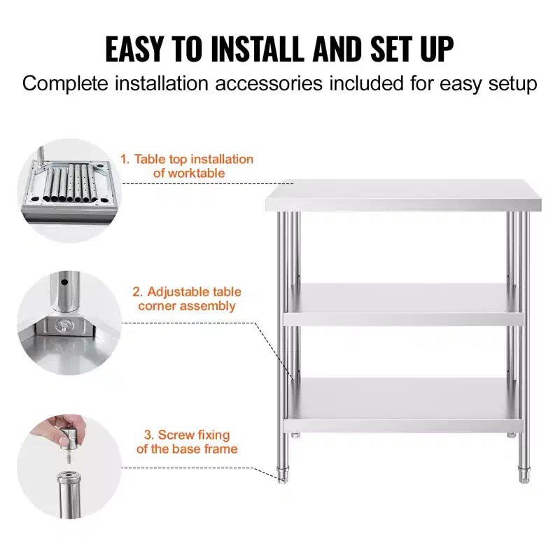 VEVOR Stainless Steel Food Prep Table, 18 x 36 x 34 Inch Commercial Kitchen Worktable, with 2 Adjustable Undershelf, Heavy Duty Prep Table