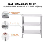 VEVOR Stainless Steel Food Prep Table, 18 x 36 x 34 Inch Commercial Kitchen Worktable, with 2 Adjustable Undershelf, Heavy Duty Prep Table