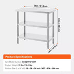 VEVOR Stainless Steel Food Prep Table, 18 x 36 x 34 Inch Commercial Kitchen Worktable, with 2 Adjustable Undershelf, Heavy Duty Prep Table