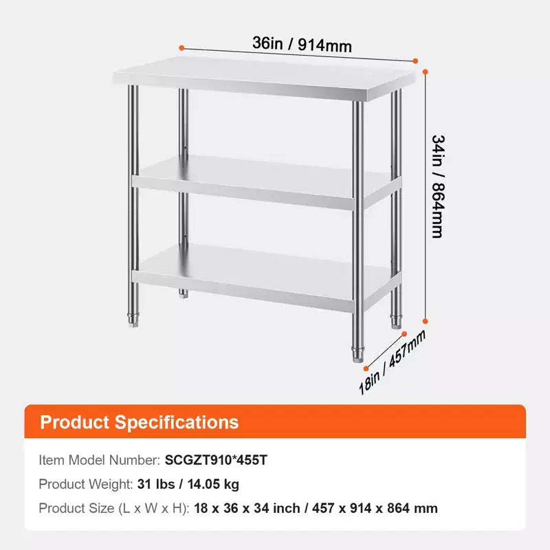 VEVOR Stainless Steel Food Prep Table, 18 x 36 x 34 Inch Commercial Kitchen Worktable, with 2 Adjustable Undershelf, Heavy Duty Prep Table