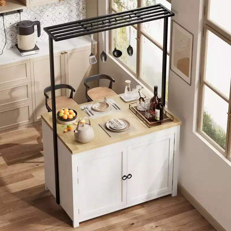 42 Kitchen Island with Storage, Heavy-Duty Multi-Functional Kitchen Cart with 30mm Thick Countertop, 2-Tier Shelves 5 Hooks