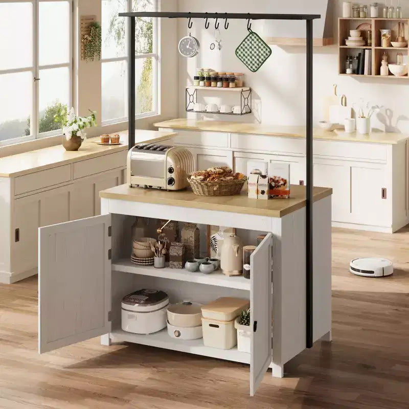 42 Kitchen Island with Storage, Heavy-Duty Multi-Functional Kitchen Cart with 30mm Thick Countertop, 2-Tier Shelves 5 Hooks