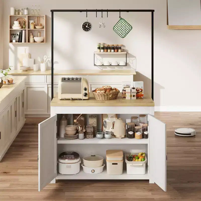 42 Kitchen Island with Storage, Heavy-Duty Multi-Functional Kitchen Cart with 30mm Thick Countertop, 2-Tier Shelves 5 Hooks