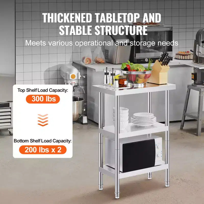 VEVOR Stainless Steel Food Prep Table, 14 x 24 x 34 Inch Commercial Kitchen Worktable, with 2 Adjustable Undershelf, Heavy Duty Prep Table