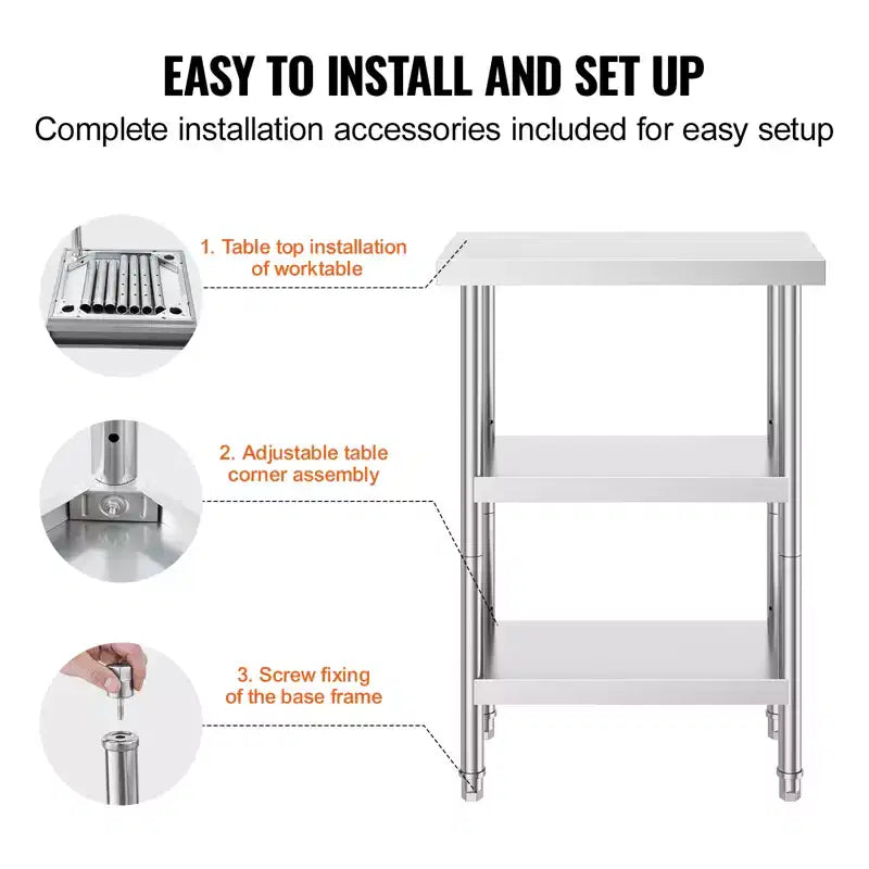 VEVOR Stainless Steel Food Prep Table, 14 x 24 x 34 Inch Commercial Kitchen Worktable, with 2 Adjustable Undershelf, Heavy Duty Prep Table