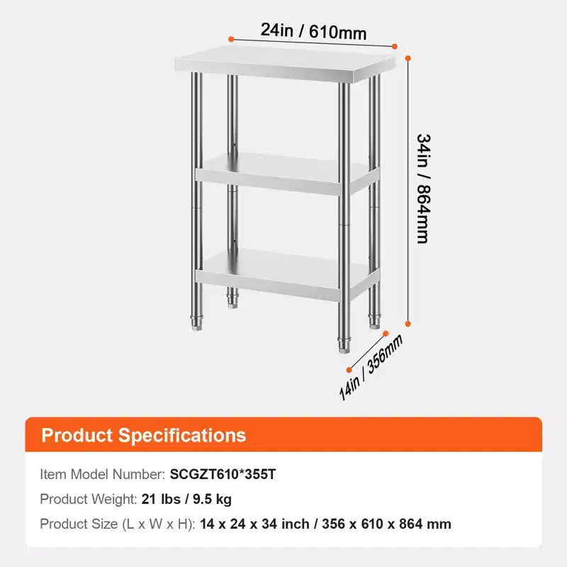 VEVOR Stainless Steel Food Prep Table, 14 x 24 x 34 Inch Commercial Kitchen Worktable, with 2 Adjustable Undershelf, Heavy Duty Prep Table