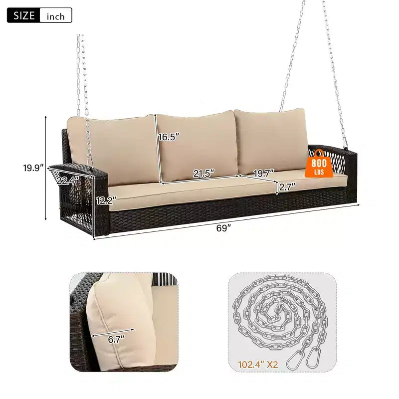 Whisen Weather Resistant 69 PE Wicker 3-Person Outdoor Swing Chair Patio Hanging Porch Swing Bench with Chains and Cushions
