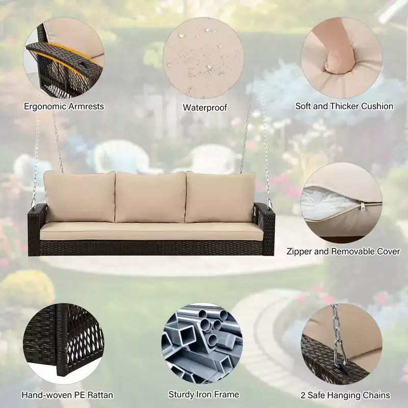 Whisen Weather Resistant 69 PE Wicker 3-Person Outdoor Swing Chair Patio Hanging Porch Swing Bench with Chains and Cushions