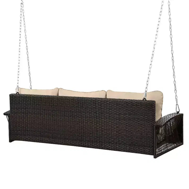 Whisen Weather Resistant 69 PE Wicker 3-Person Outdoor Swing Chair Patio Hanging Porch Swing Bench with Chains and Cushions