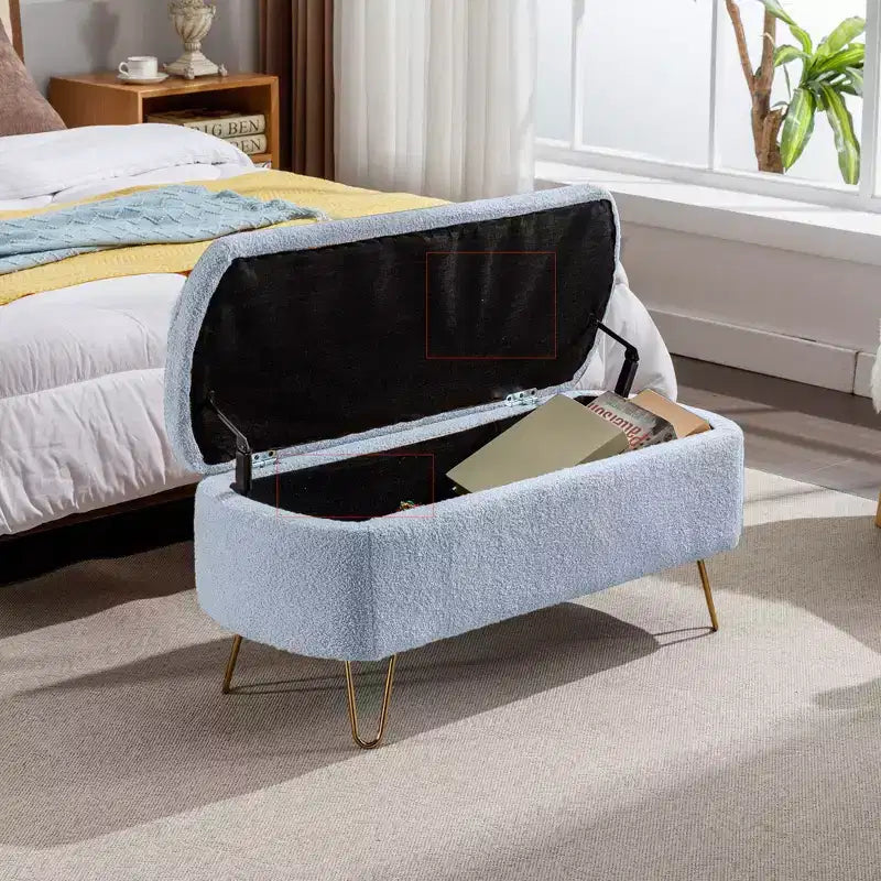 Zeus & Ruta Modern Upholstered Storage Ottoman Bench for End of Bed Gold Legs