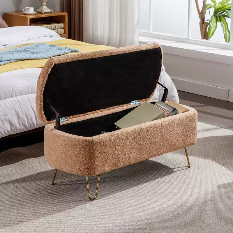 Zeus & Ruta Modern Upholstered Storage Ottoman Bench for End of Bed Gold Legs