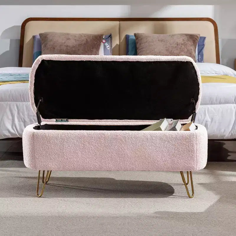 Zeus & Ruta Modern Upholstered Storage Ottoman Bench for End of Bed Gold Legs