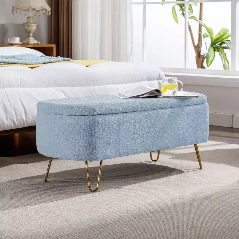 Zeus & Ruta Modern Upholstered Storage Ottoman Bench for End of Bed Gold Legs